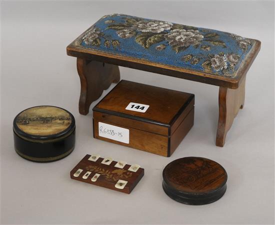 Two lacquer boxes, a Shibayama bezique mark and another box, and a beadwork stool